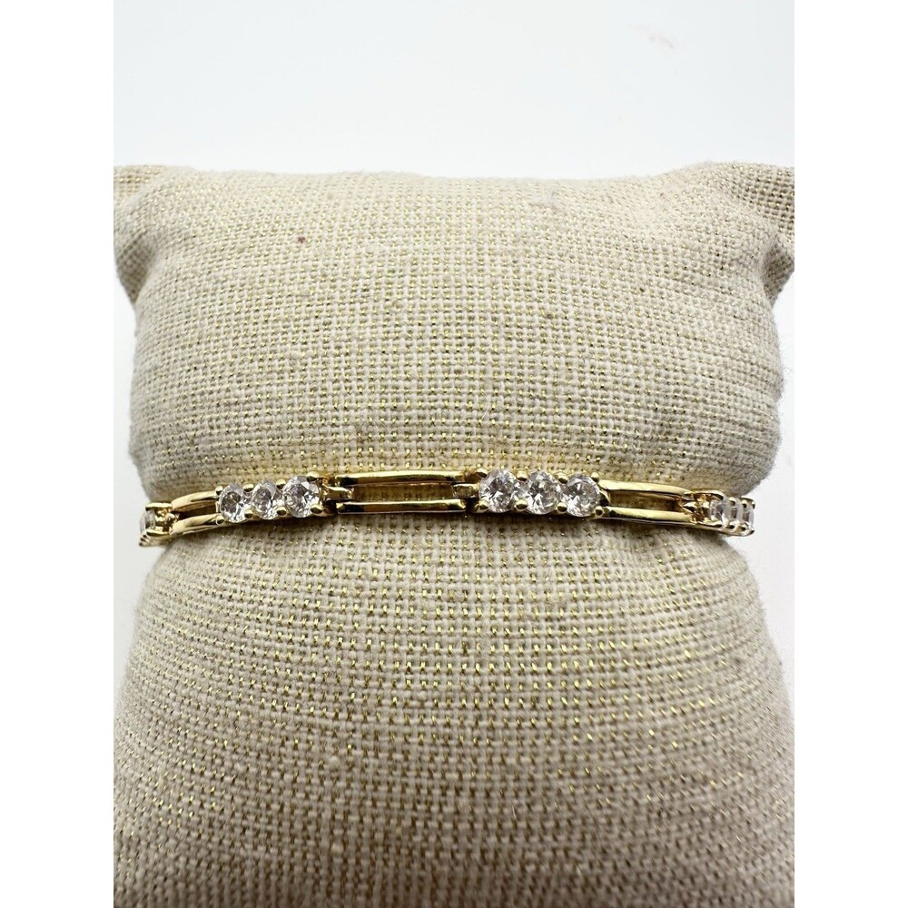 925 Sterling Silver Gold Vermeil Simulated Diamond Tennis Bracelet 6.5”